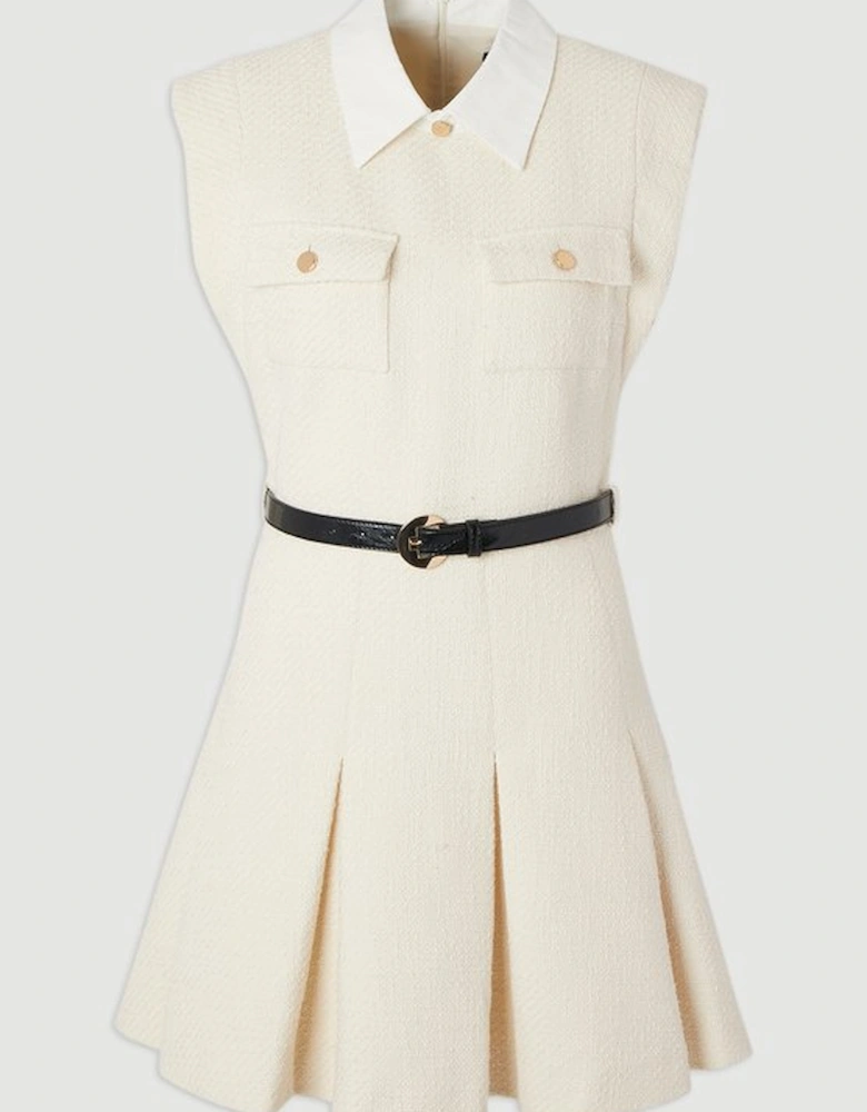 Textured Tweed Contrast Collar Pleated Tailored Mini Dress
