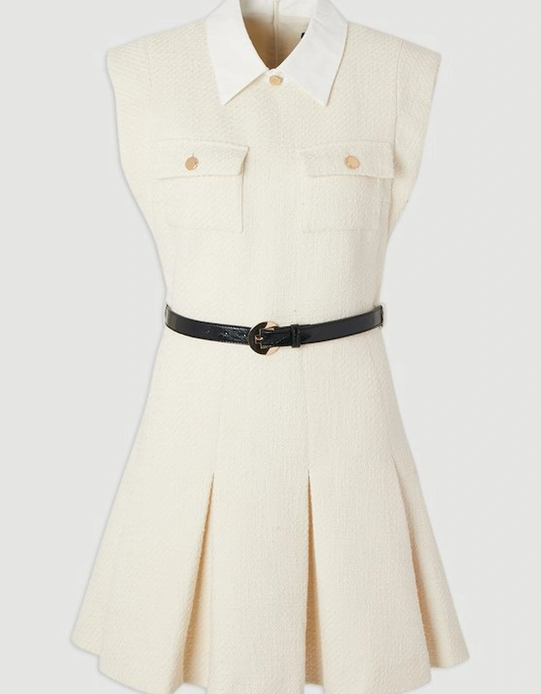 Textured Tweed Contrast Collar Pleated Tailored Mini Dress