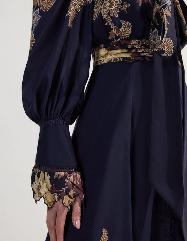 Voile Floral Border Print Woven Maxi Dress With Ladder Lace Trim