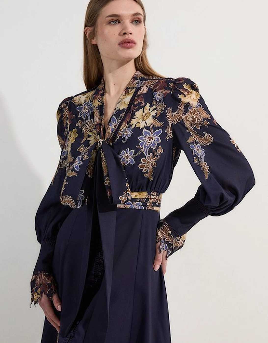Voile Floral Border Print Woven Maxi Dress With Ladder Lace Trim