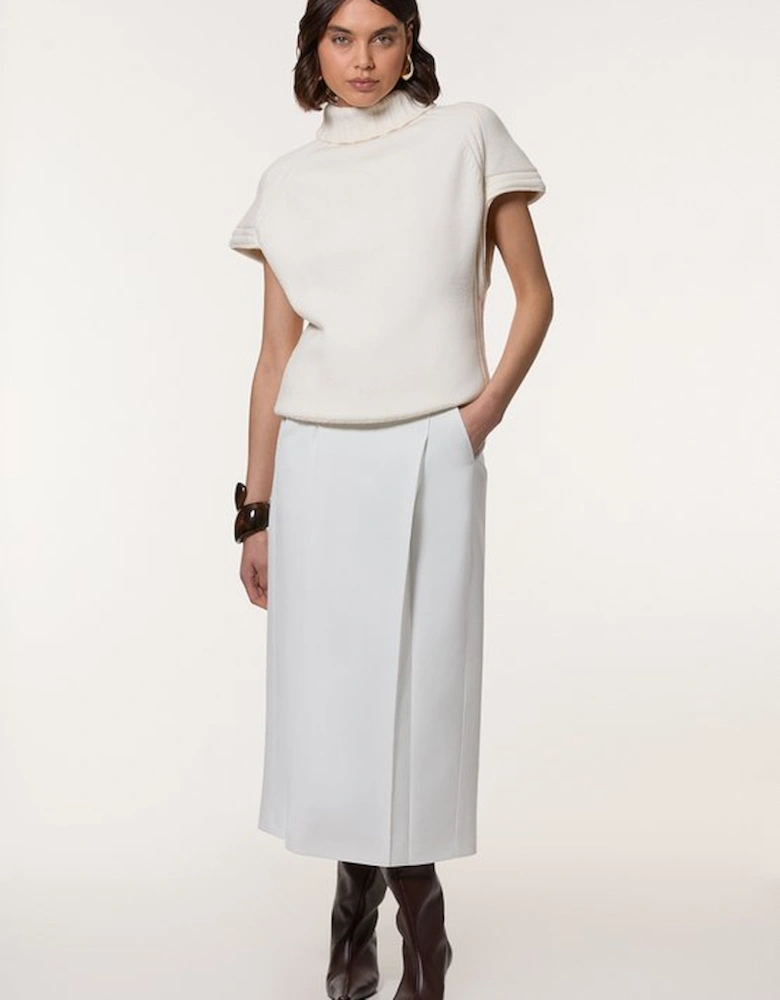Compact Stetch Contrast Waistband Pencil Midi Skirt