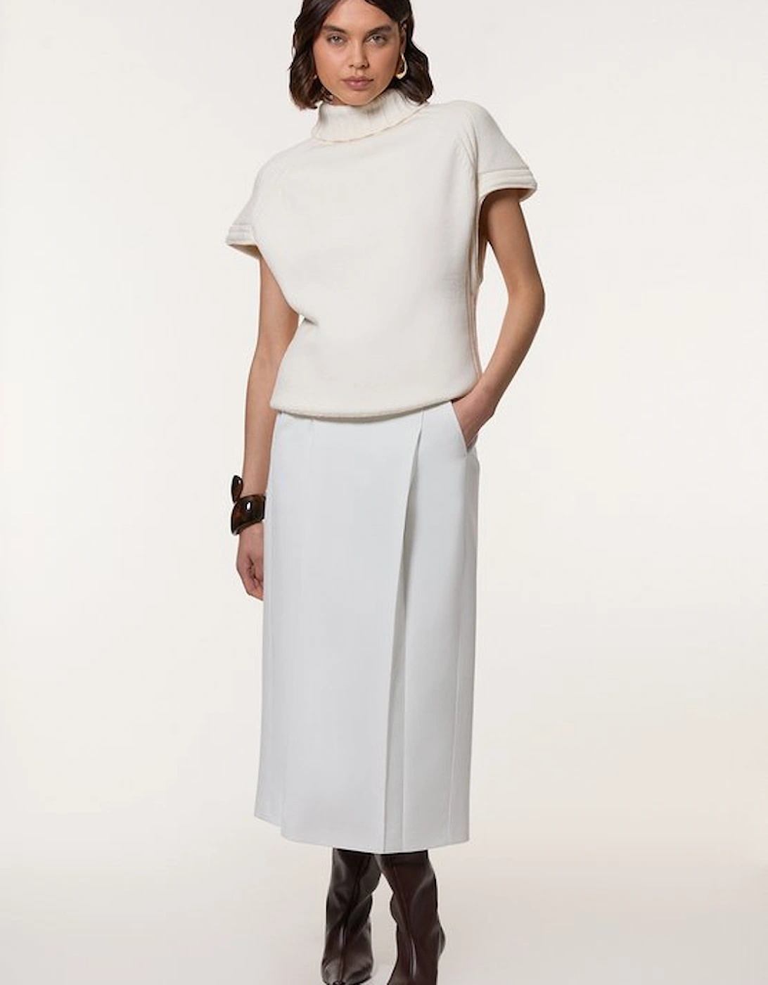 Compact Stetch Contrast Waistband Pencil Midi Skirt, 5 of 4