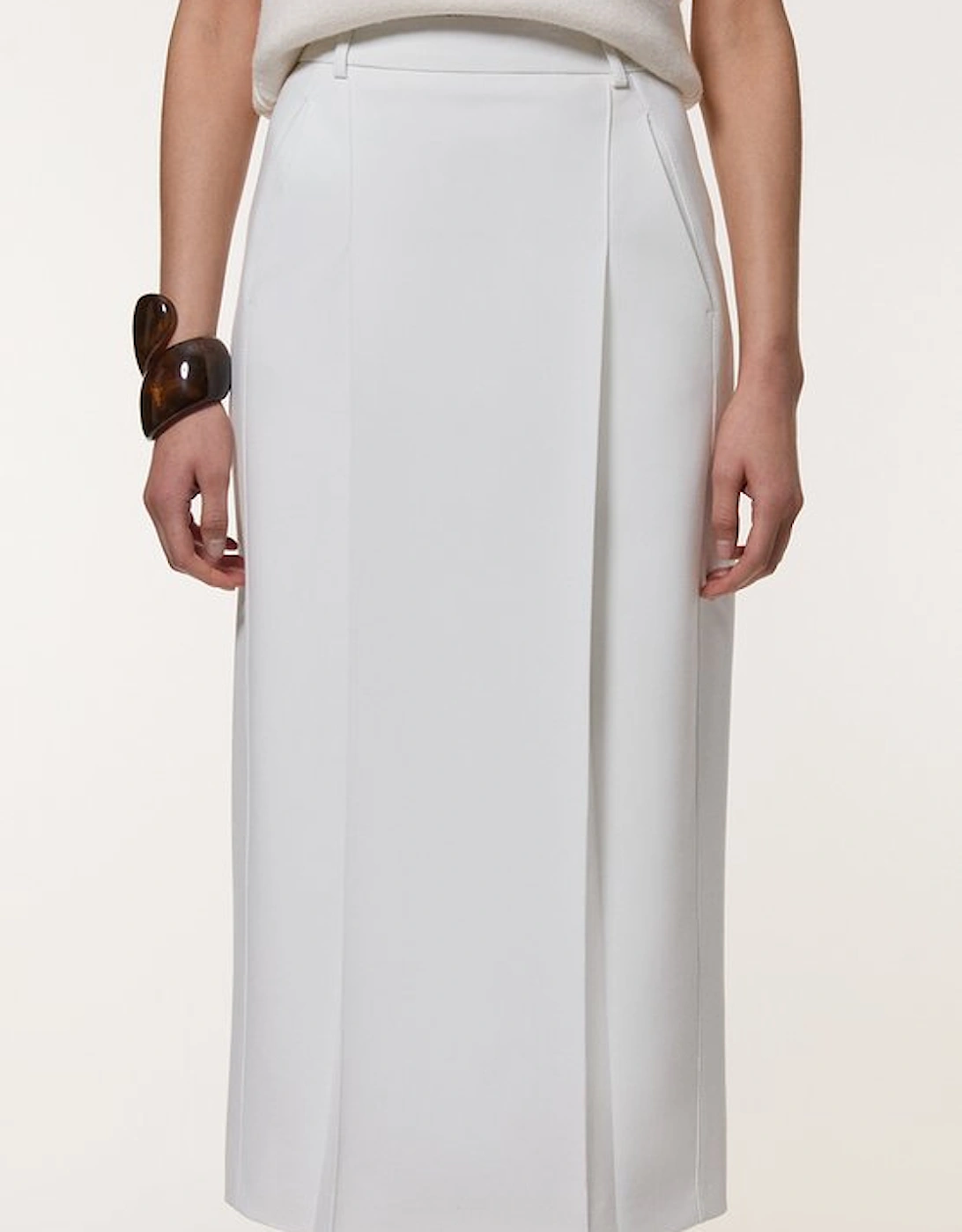 Compact Stetch Contrast Waistband Pencil Midi Skirt