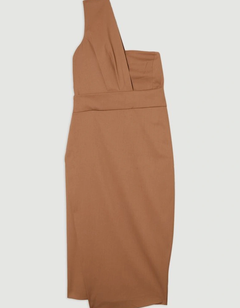 Tailored One Shoulder Tuck Detail Pencil Midi Dress
