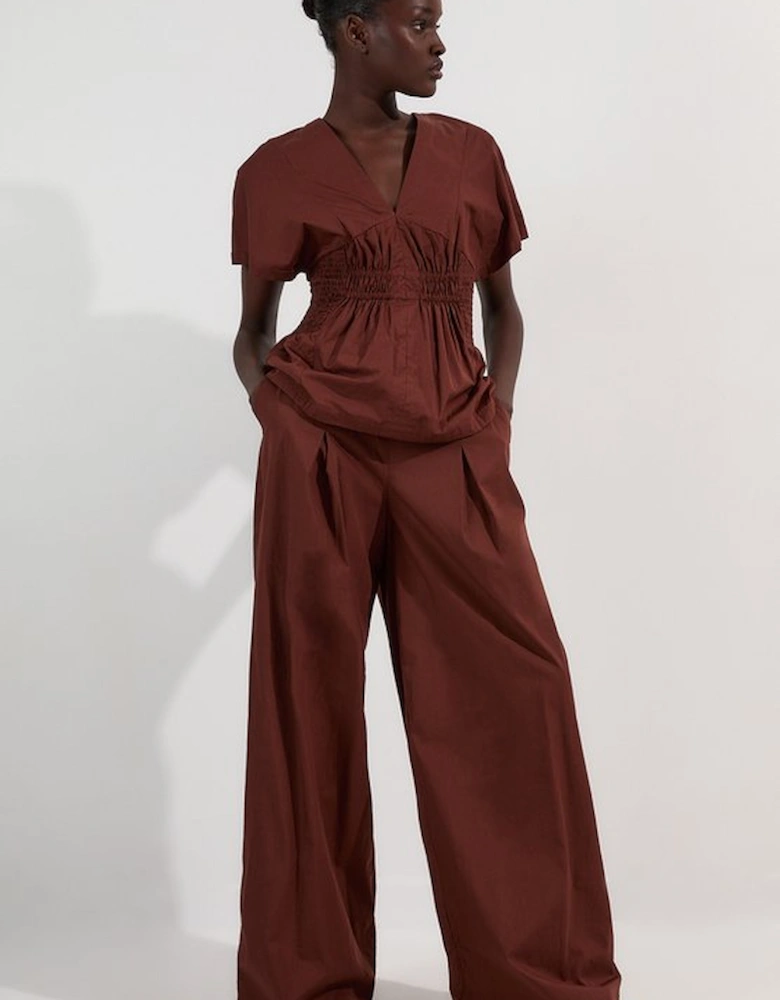 Shirred Cotton Wide Leg Woven Trouser
