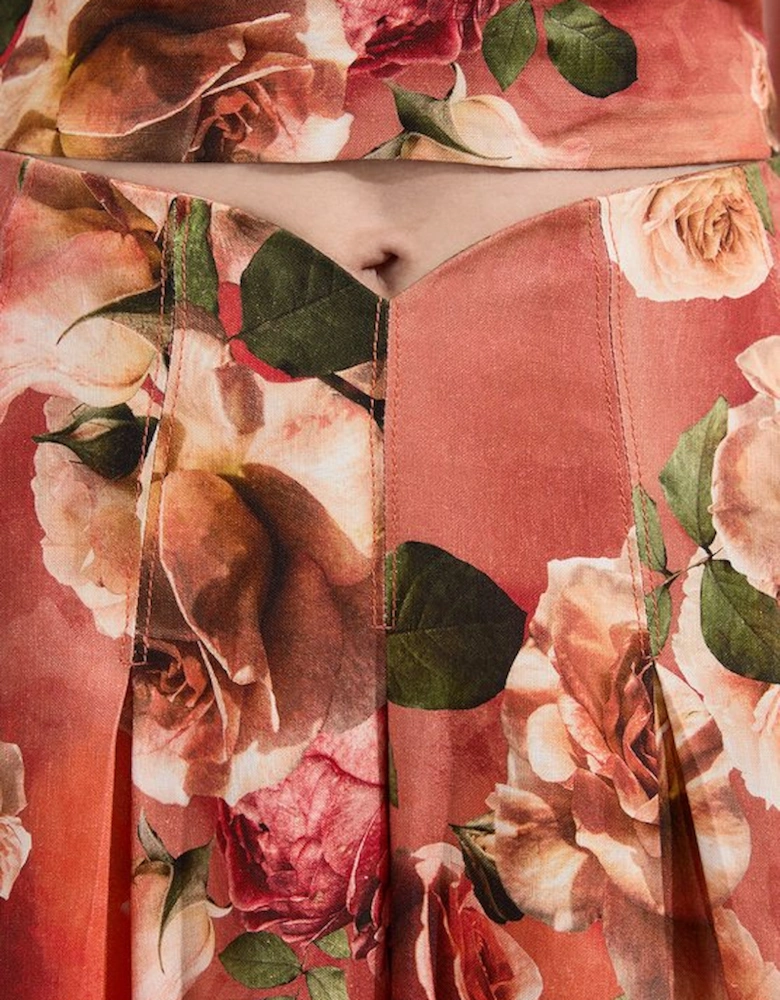 Floral Viscose Linen High Waisted Woven Maxi Skirt