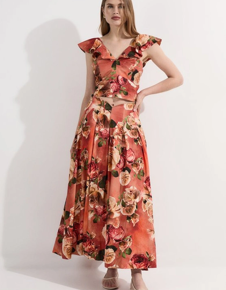 Floral Viscose Linen High Waisted Woven Maxi Skirt