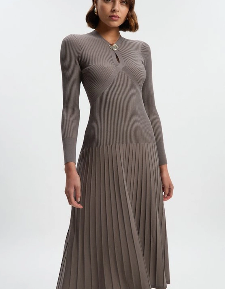 Rib Knit Trim Detail Full Skirt Midi Dress