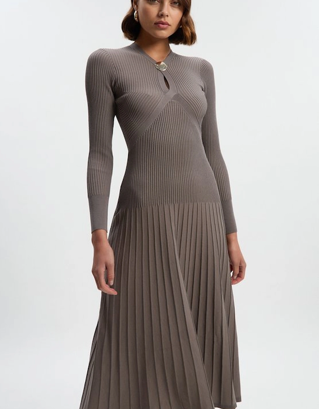 Rib Knit Trim Detail Full Skirt Midi Dress, 2 of 1