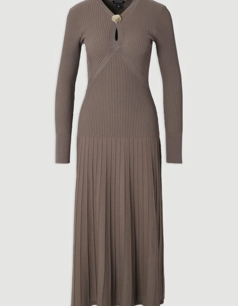 Rib Knit Trim Detail Full Skirt Midi Dress