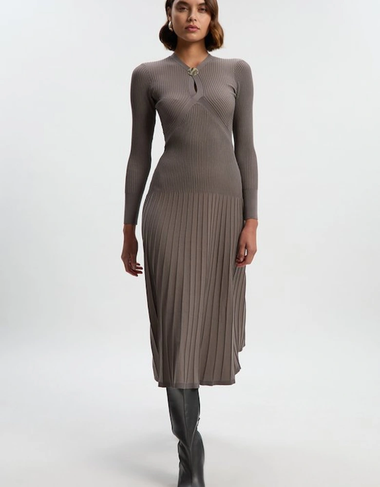 Rib Knit Trim Detail Full Skirt Midi Dress