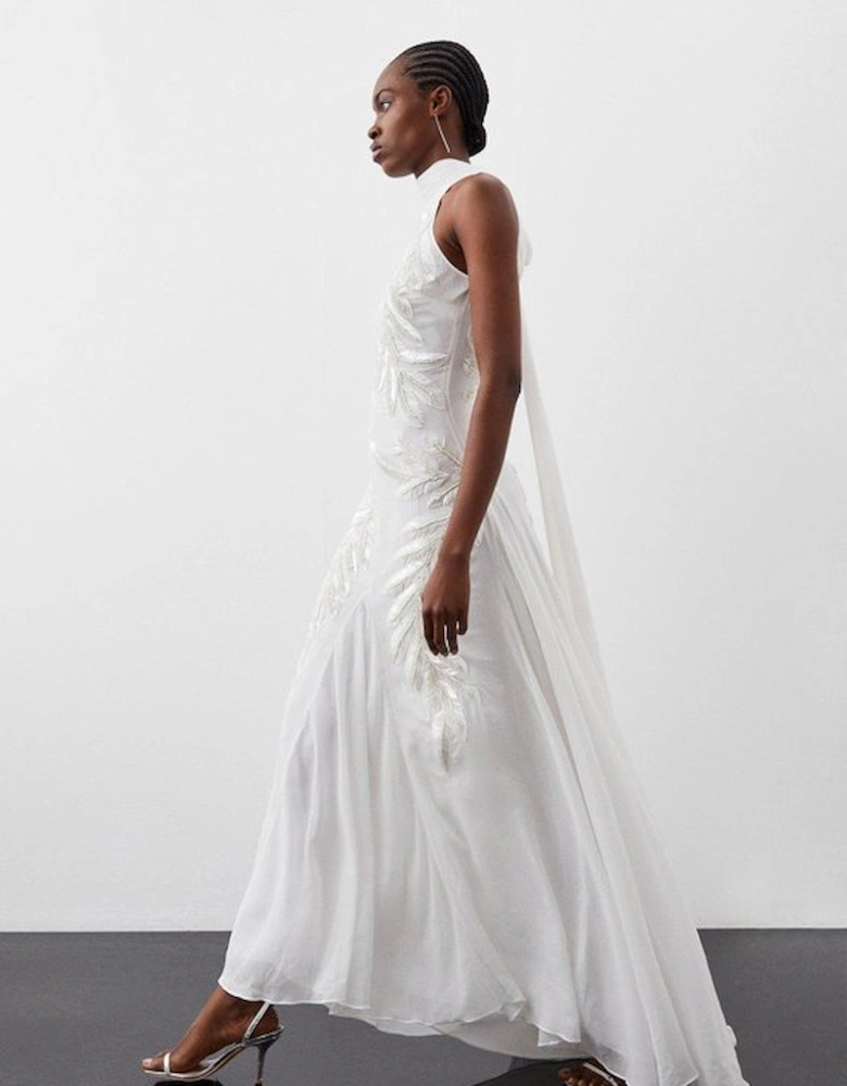 Georgette Feather Embellished Halter Neck Woven Maxi Dress