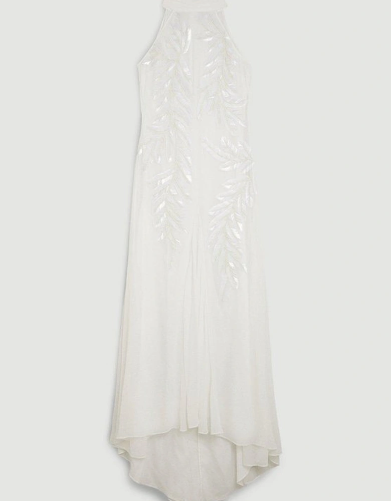Georgette Feather Embellished Halter Neck Woven Maxi Dress