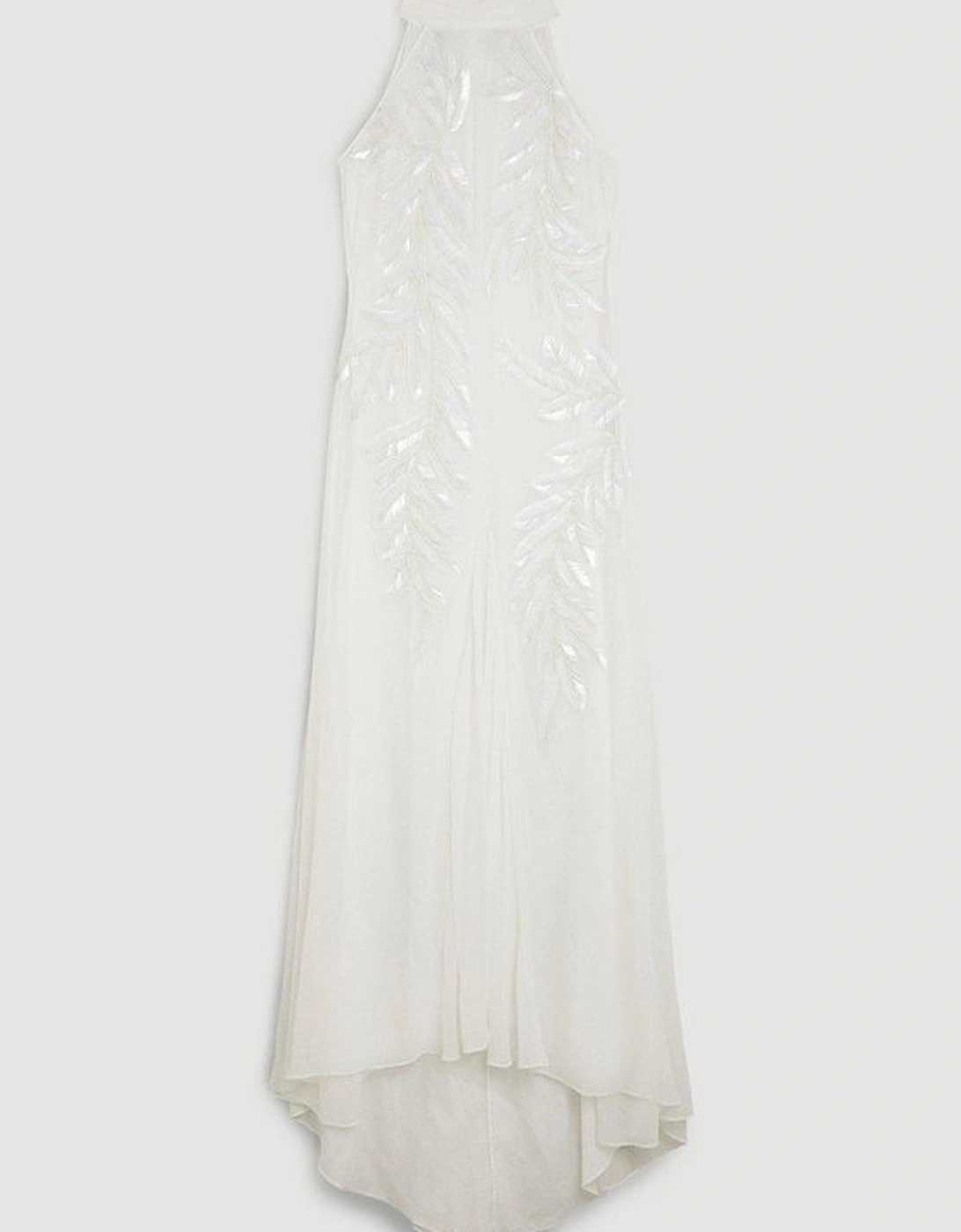 Georgette Feather Embellished Halter Neck Woven Maxi Dress