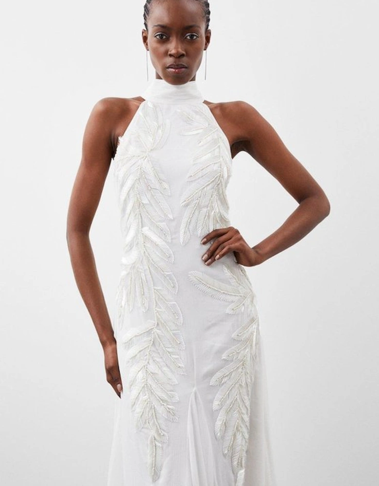 Georgette Feather Embellished Halter Neck Woven Maxi Dress