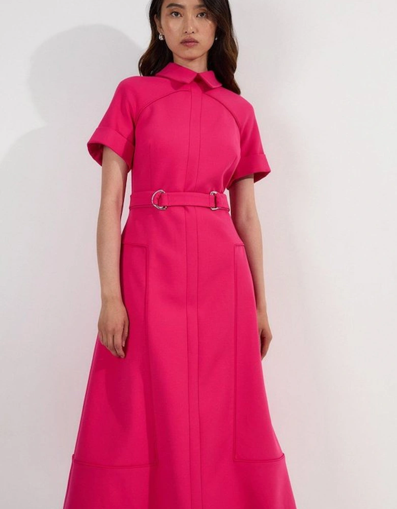 Compact Stretch Tab Detail Full Skirted Midi Dress