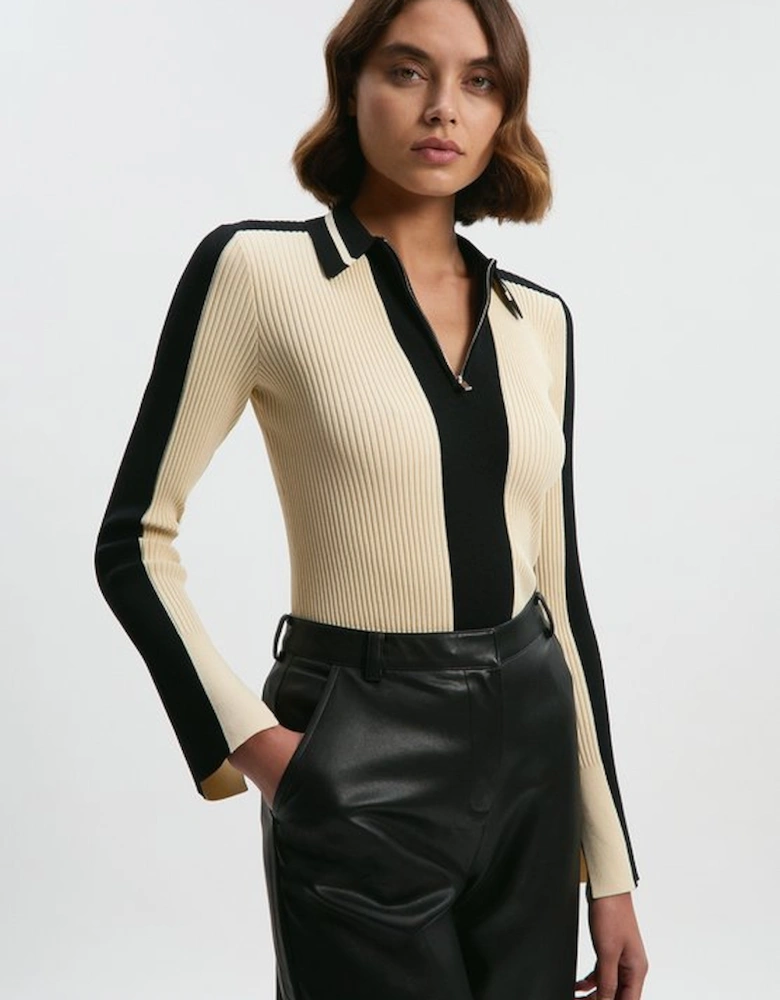 Rib Knit Polo Zip Up Top