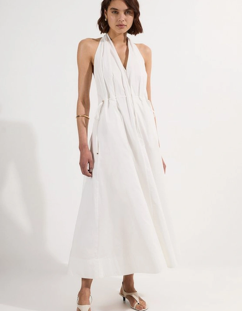 Cotton Ruched Waist Woven Midi Dress