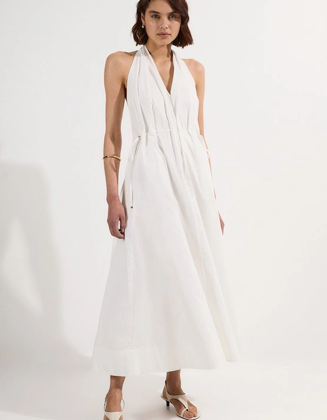 Cotton Ruched Waist Woven Midi Dress, 5 of 4