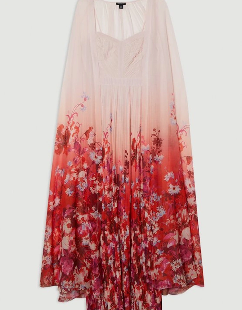 Scattered Floral Print Woven Pleated Cape Maxi Dress