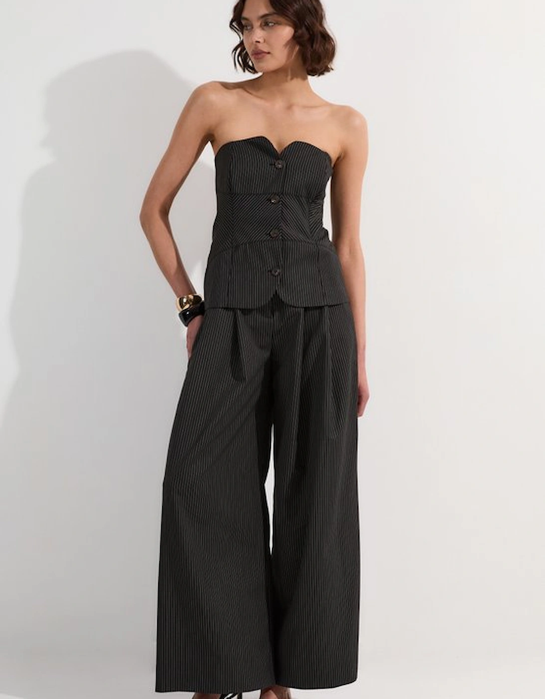 Pinstripe Bandeau Corserted Tailored Wide Leg Jumpsuit