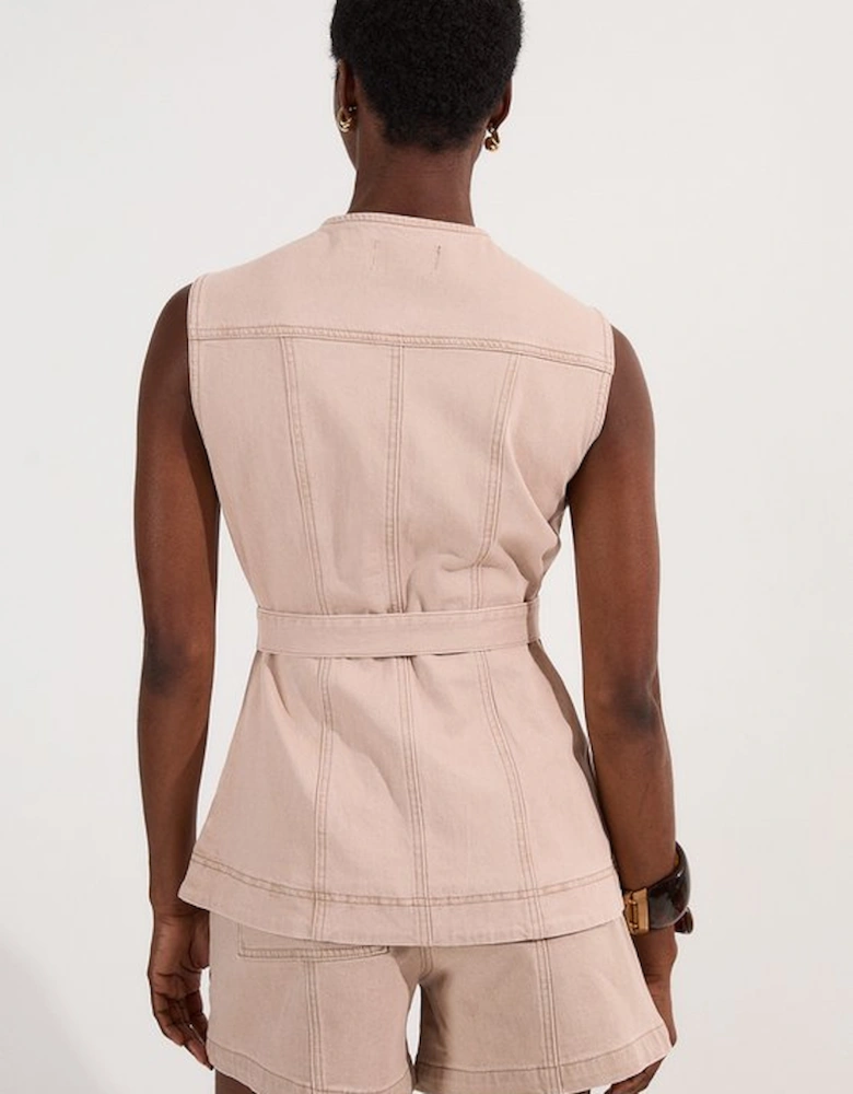 Coloured Denim Belted Sleeveless Jacket