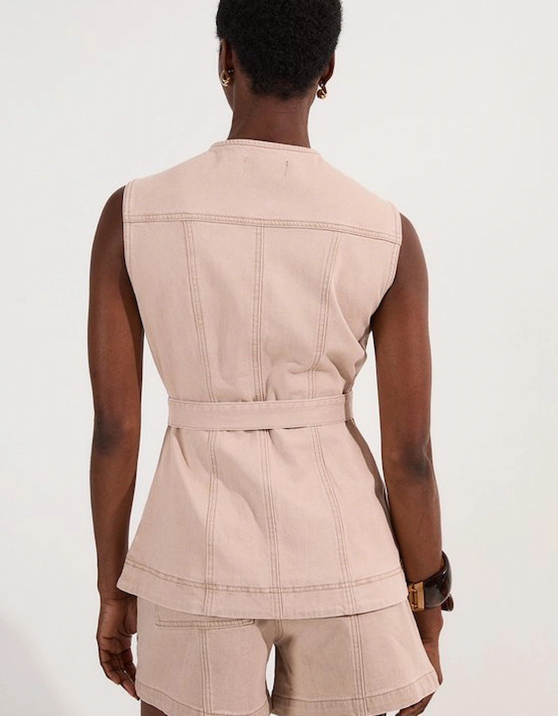 Coloured Denim Belted Sleeveless Jacket