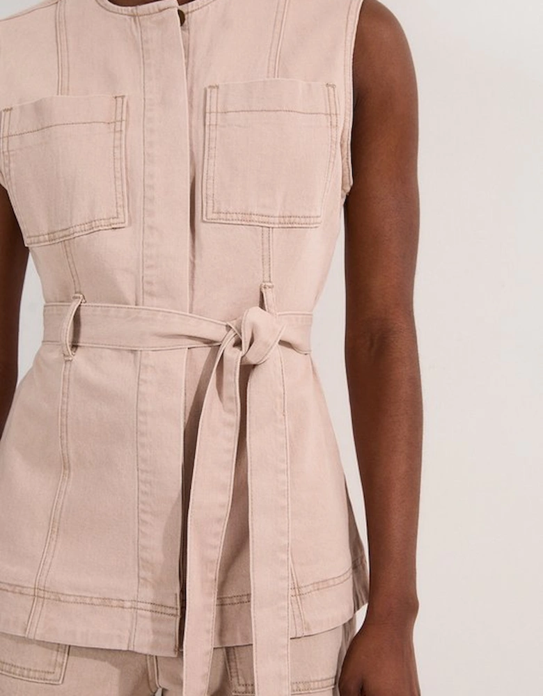 Coloured Denim Belted Sleeveless Jacket