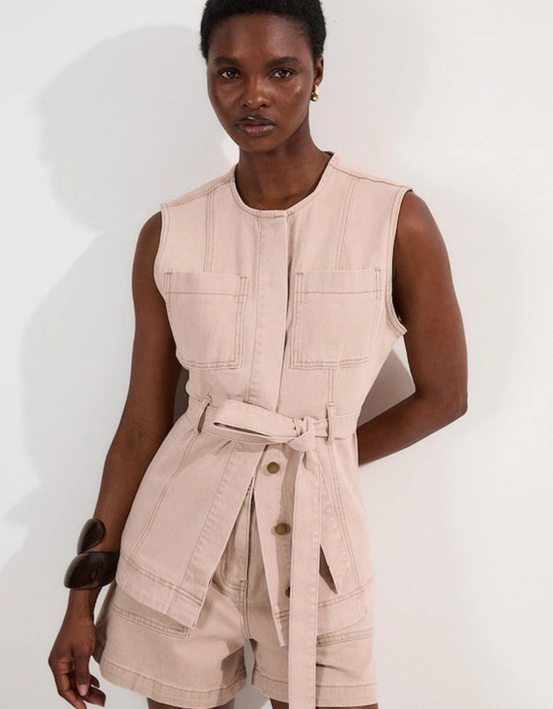 Coloured Denim Belted Sleeveless Jacket