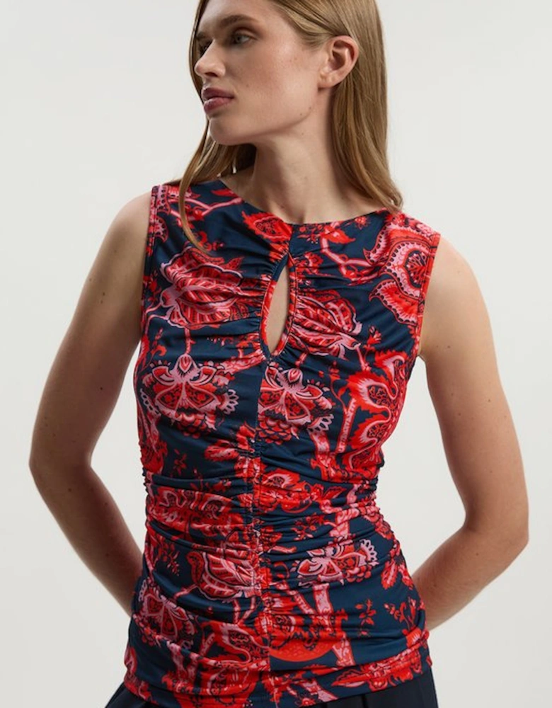 Paisley Floral Jersey Crepe Cut Out Neck Top