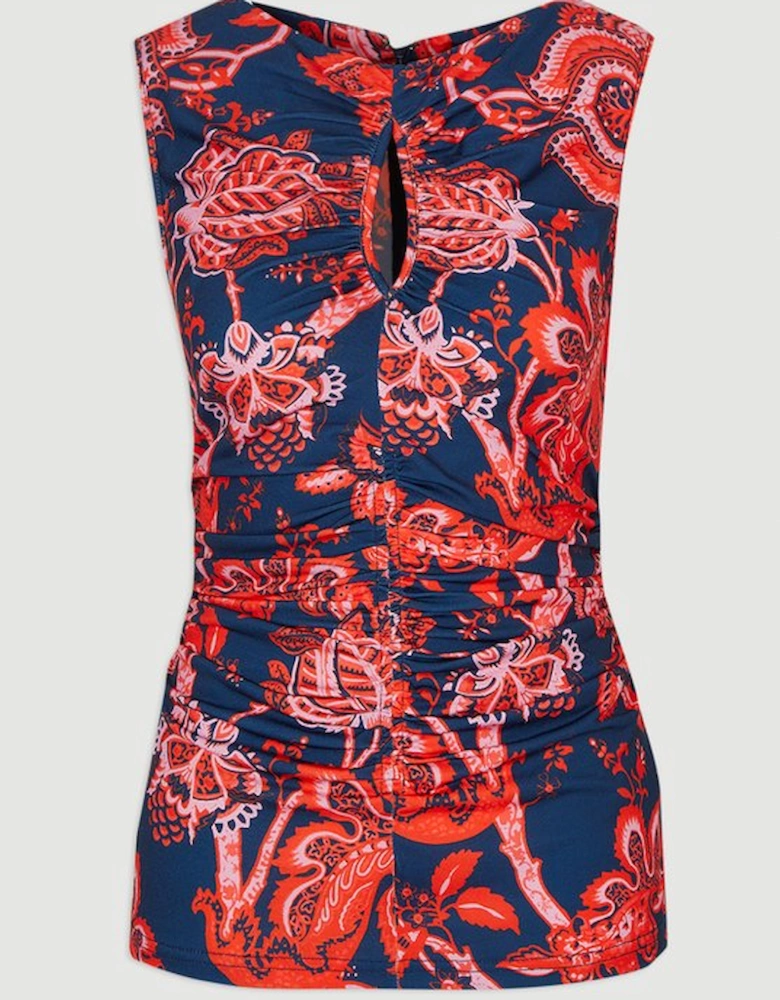 Paisley Floral Jersey Crepe Cut Out Neck Top
