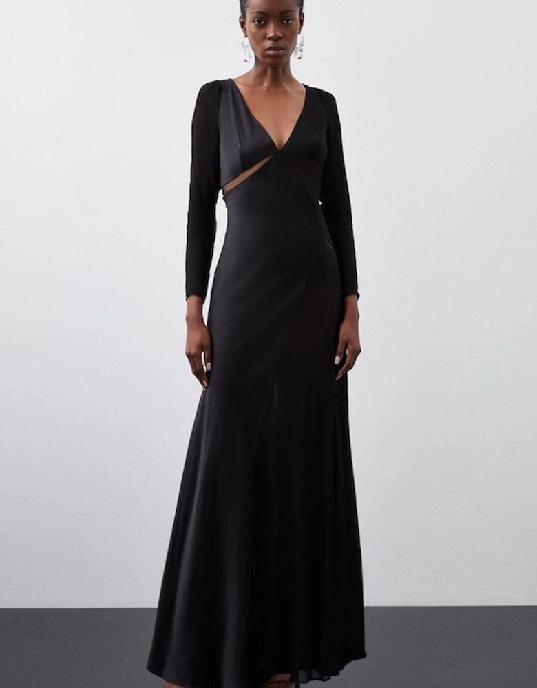 Ooto Sheer Panelled Long Sleeve Woven Maxi Dress