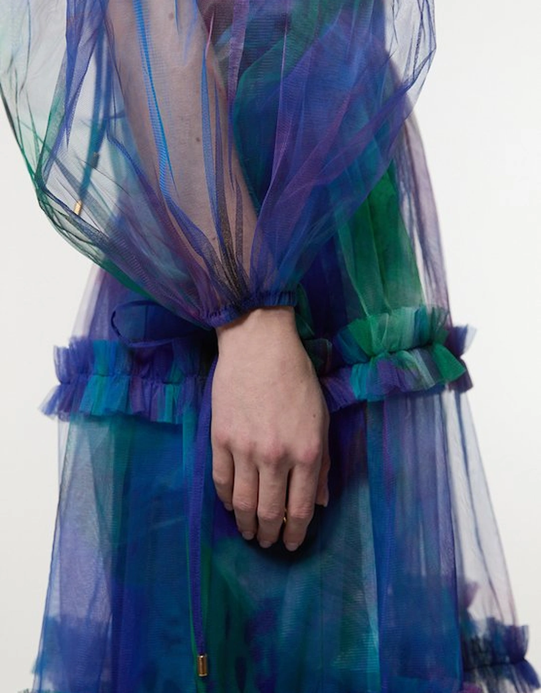 Dark Floral Tulle Plunge Balloon Sleeve Maxi Dress