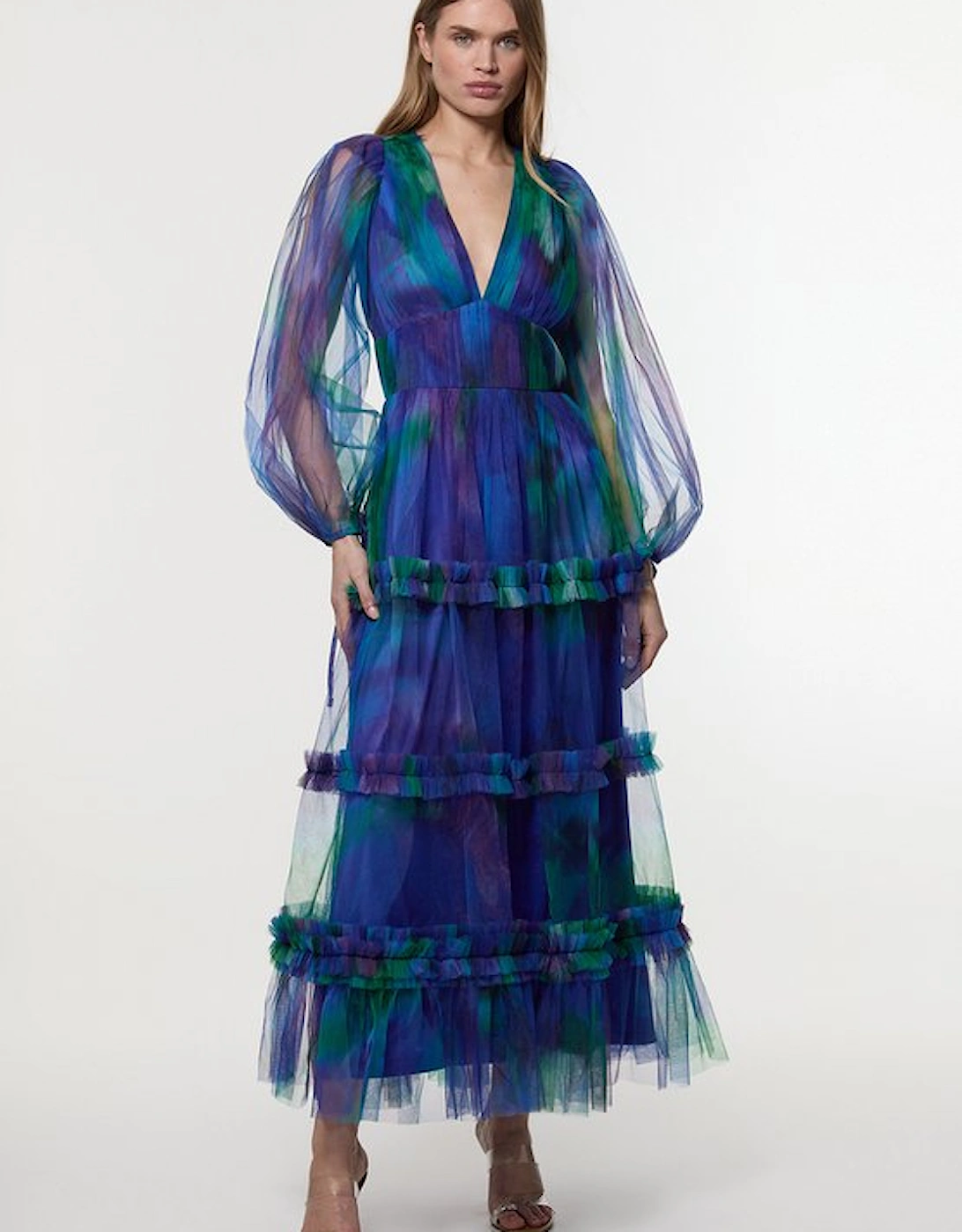 Dark Floral Tulle Plunge Balloon Sleeve Maxi Dress