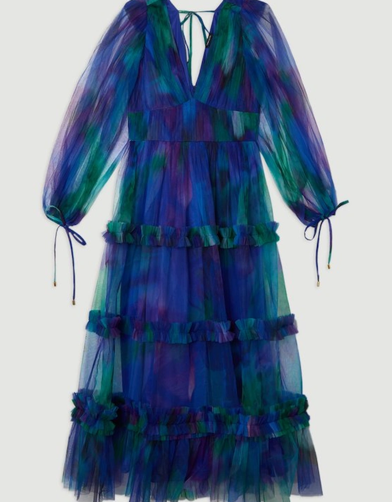 Dark Floral Tulle Plunge Balloon Sleeve Maxi Dress