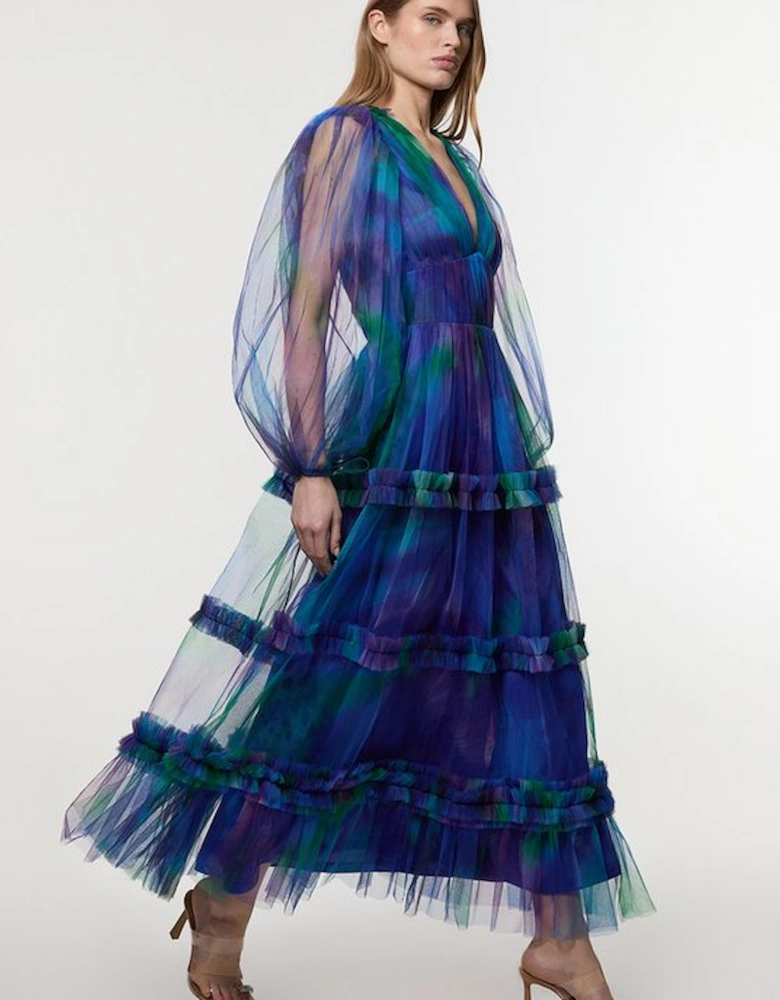 Dark Floral Tulle Plunge Balloon Sleeve Maxi Dress
