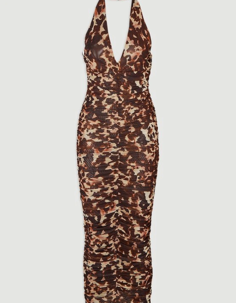 Leopard Print Plunge Halter Neck Mesh Midi Dress