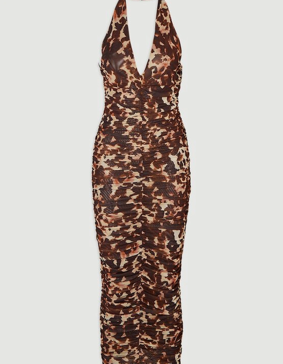 Leopard Print Plunge Halter Neck Mesh Midi Dress