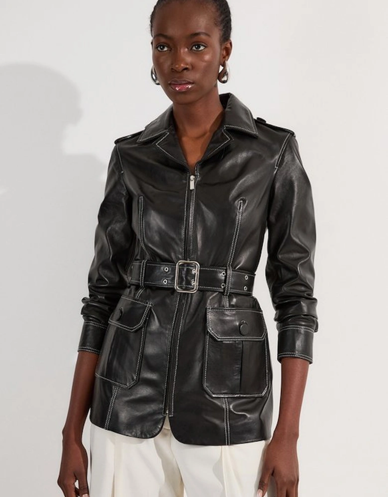 Leather Stitch Detail Tailored Belted Jacket