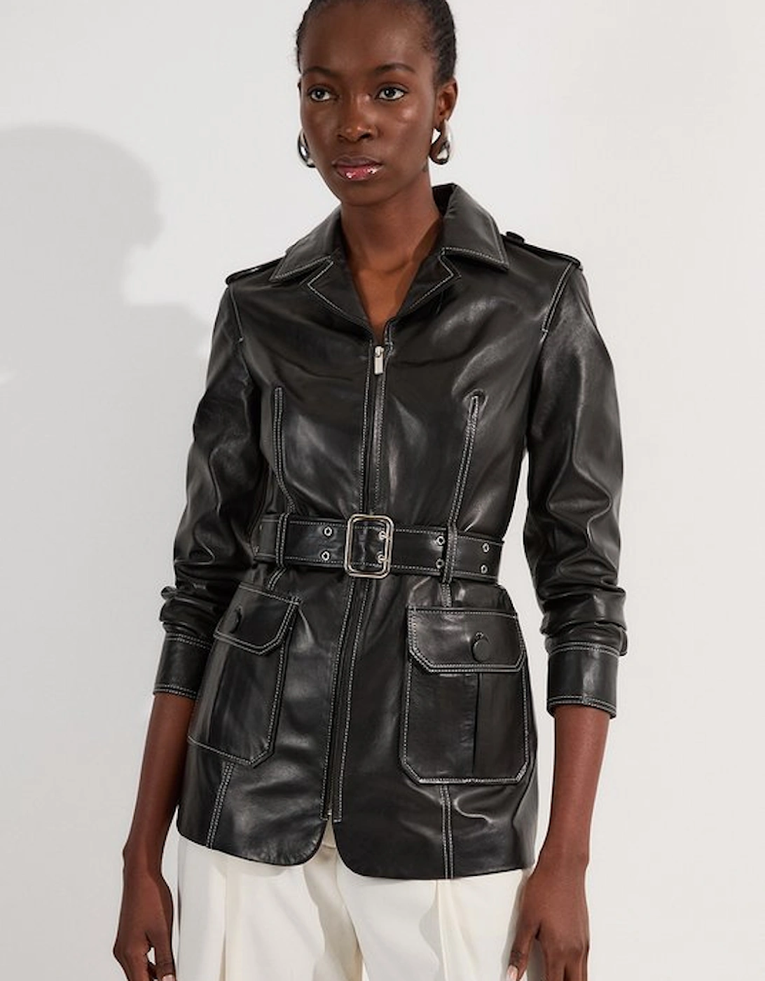Leather Stitch Detail Tailored Belted Jacket, 5 of 4