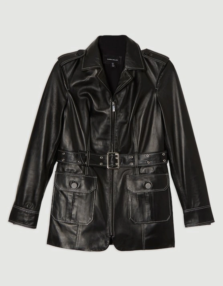 Leather Stitch Detail Tailored Belted Jacket