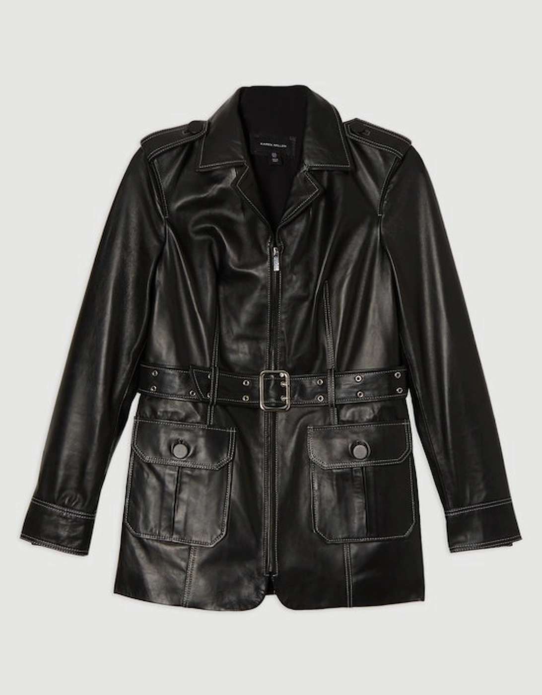Leather Stitch Detail Tailored Belted Jacket