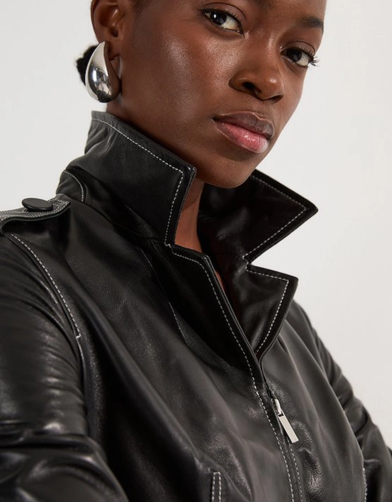 Leather Stitch Detail Tailored Belted Jacket