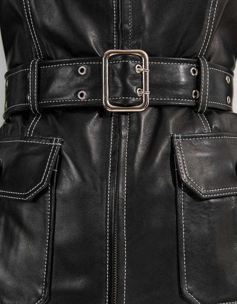Leather Stitch Detail Tailored Belted Jacket