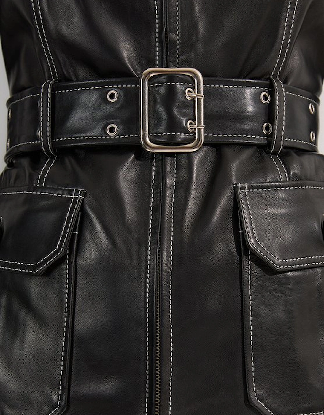 Leather Stitch Detail Tailored Belted Jacket