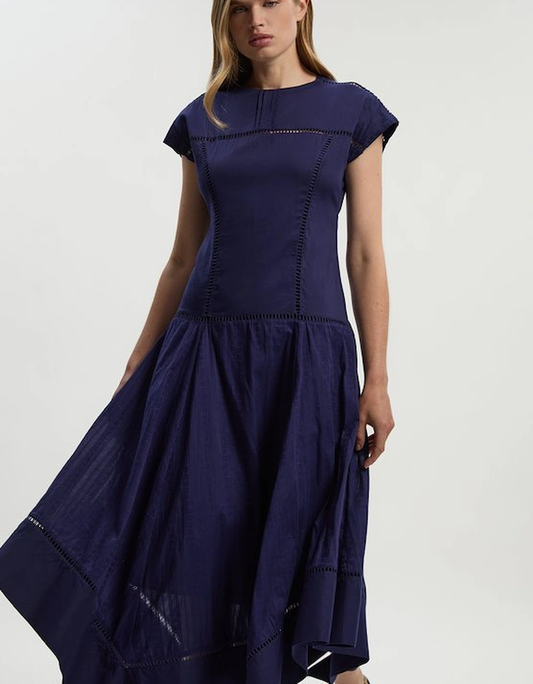 Cotton With Lace Trim Insert Hanky Hem Woven Midi Dress