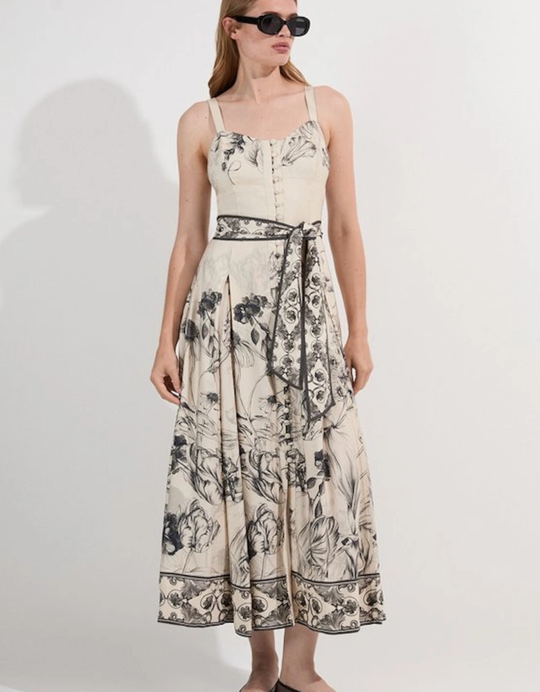 Petite Viscose Linen Scenic Placed Print Strappy Woven Midi Dress