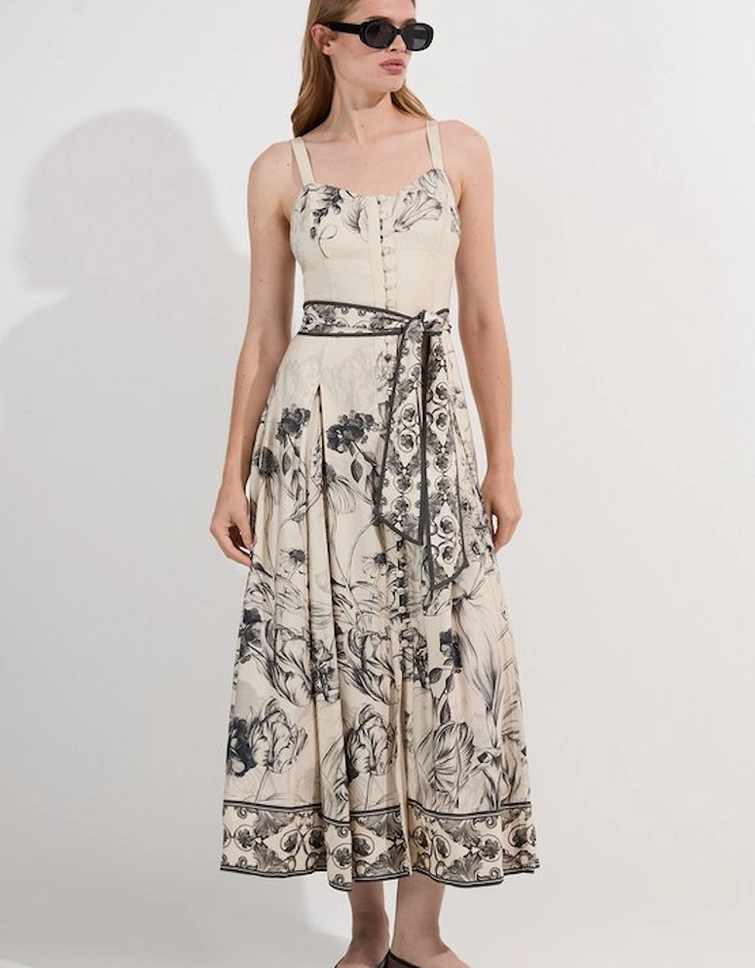 Petite Viscose Linen Scenic Placed Print Strappy Woven Midi Dress, 5 of 4