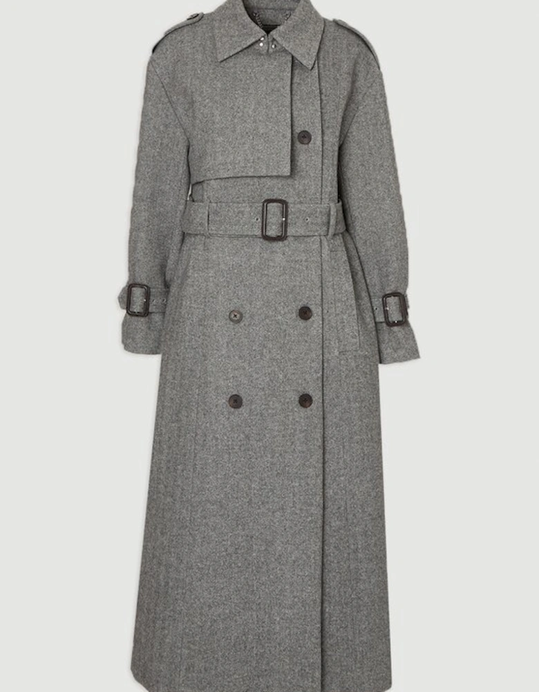 Plus Size Herringbone Wool Belted Trench Tailored Maxi Coat