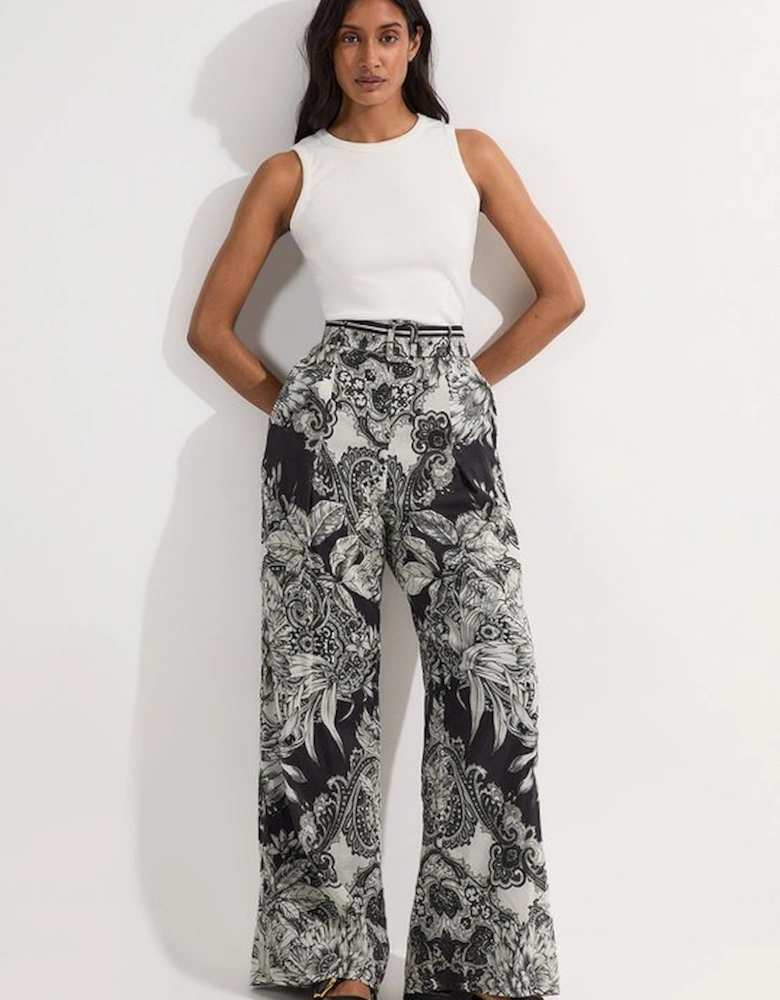 Tile Silk Cotton Woven High Waisted Trouser
